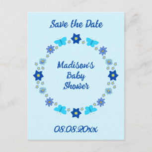 Carte Postale Bébé bleu papillons et fleurs Enregistrer la date