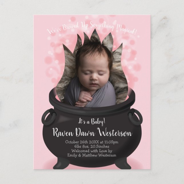 Carte Postale Bébé brasse sorcière Faire-part de naissance rose  (Devant)