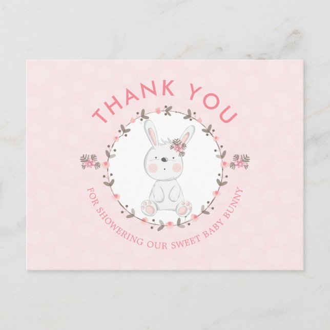Carte Postale Bébé doux lapin Baby shower Floral Merci (Devant)