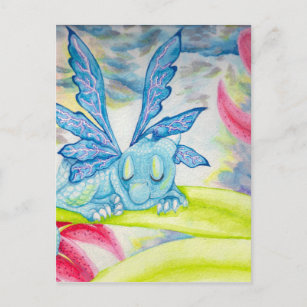 Carte Postale Bébé Dragon Fée bleu éclair fleur d'orage lis