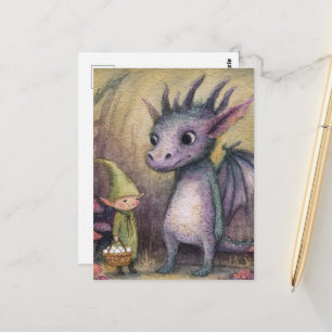 Carte Postale Bébé dragon violet et elfe avec des œufs