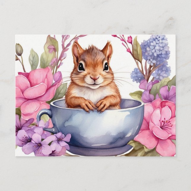 Carte Postale Bébé écureuil dans la tasse de thé avec des fleurs (Devant)