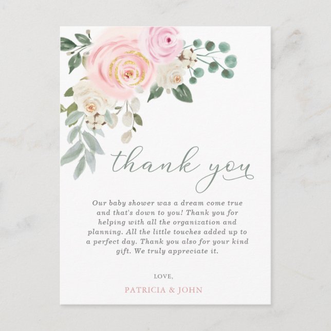 Carte Postale Bébé en Fleur rose Baby shower Floral Merci (Devant)