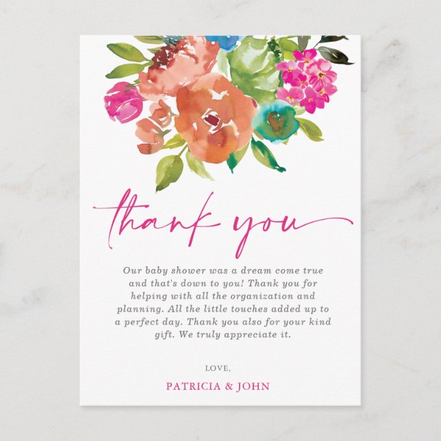 Carte Postale Bébé en Fleur rose Baby shower Floral Merci (Devant)