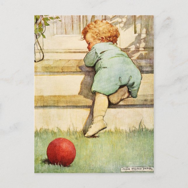 Carte Postale Bébé en petite taille et balle rouge (Devant)