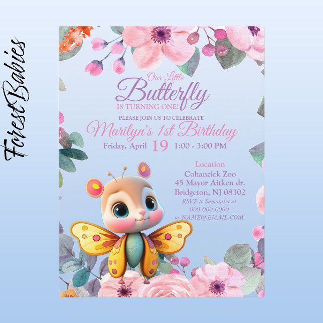 Carte Postale Bébé fille Fleurs Papillon 1er Anniversaire Mignon (Butterfly Girl 🦋 Pink Floral 🌸 ForestBabies Customizable 1st Birthday Party Front)