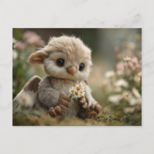 Carte Postale Bébé griffon mignon tenant des fleurs sauvages dan
