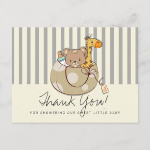 Carte Postale Bébé gris doux Animaux Baby shower Merci