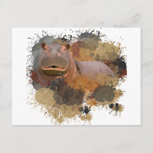 Carte Postale Bébé Hippopotame Tache de Peinture Abstraite Faune