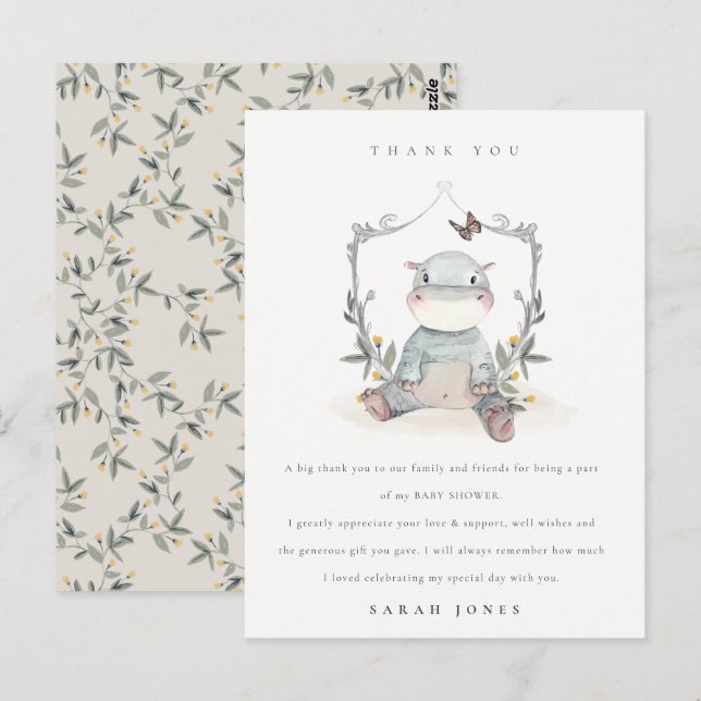 Carte Postale Bébé jaune mignon Hippo Fauna Baby shower Merci (Devant / Derrière)