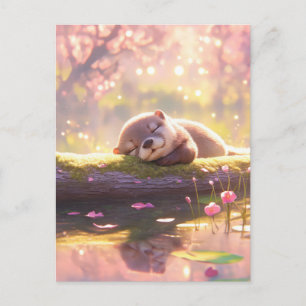 Carte Postale Bébé Loutre Endormie sur une Bûche Moussue de Rivi