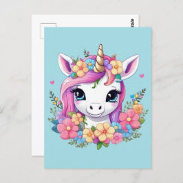 Carte Postale Bébé magique licorne avec fleurs