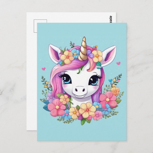 Carte Postale Bébé magique licorne avec fleurs (Devant / Derrière)