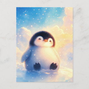 Carte Postale Bébé Manchot Tout Fluffy Dans La Neige Dorée