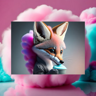 Carte Postale Bébé, mignon, dessin animé gris Fox mangeant des b