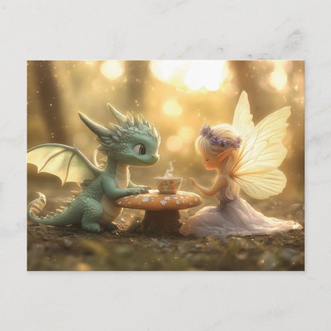 Carte Postale Bébé mignon Dragon et Fée Profitant du thé (Devant)