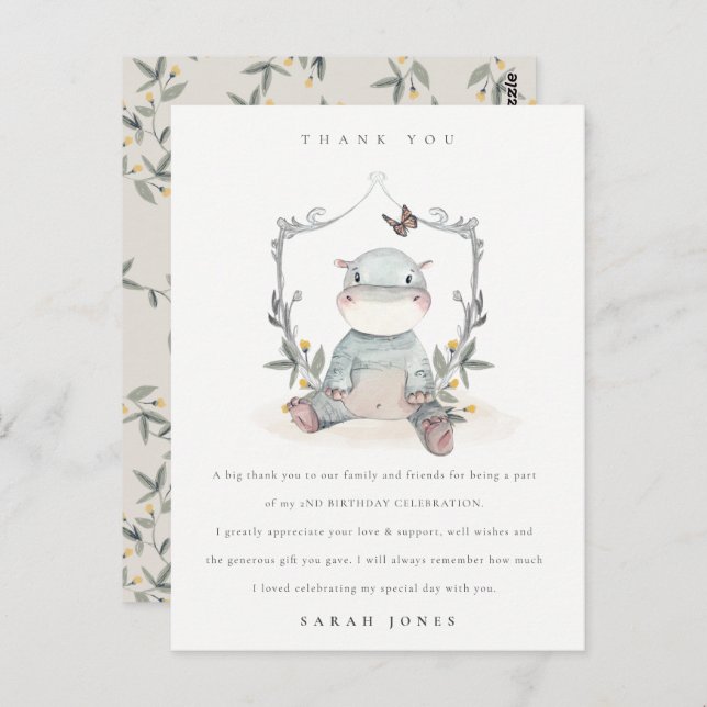 Carte Postale Bébé mignon Hippo Foliing N'importe quel âge Anniv (Devant / Derrière)