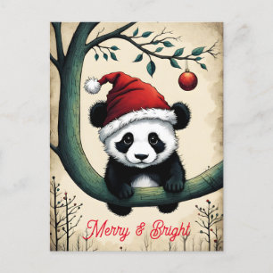 Carte Postale Bébé mignon Père Noël Panda sur la branche d'arbre