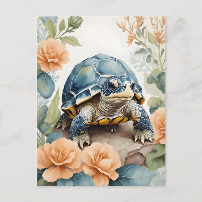 Carte Postale Bébé mignon Tortoise Pastel Aquarelle Florale (Devant)