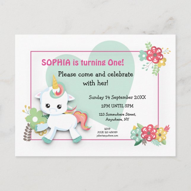 Carte Postale Bébé mignon Unicorn premier anniversaire Invitatio (Devant)