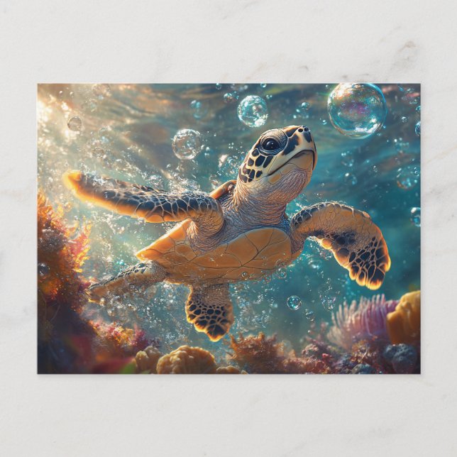 Carte Postale Bébé mignonne tortue de mer avec bulles (Devant)