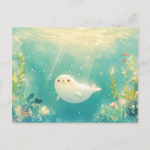 Carte Postale Bébé phoque adorable dans un océan lumineux