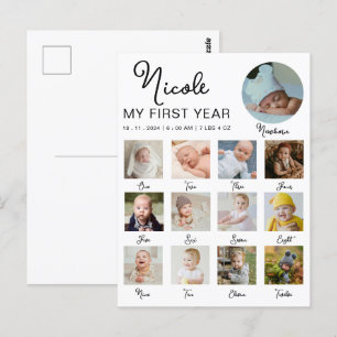 Carte Postale Bébé Première année 12 mois Photo Collage Moderne