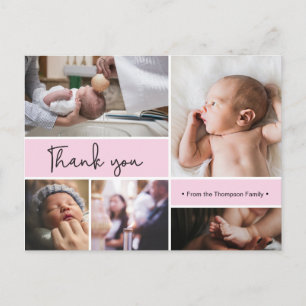 Carte Postale Bébé rose Baptême rose Merci Photo collage