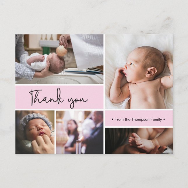 Carte Postale Bébé rose Baptême rose Merci Photo collage (Devant)
