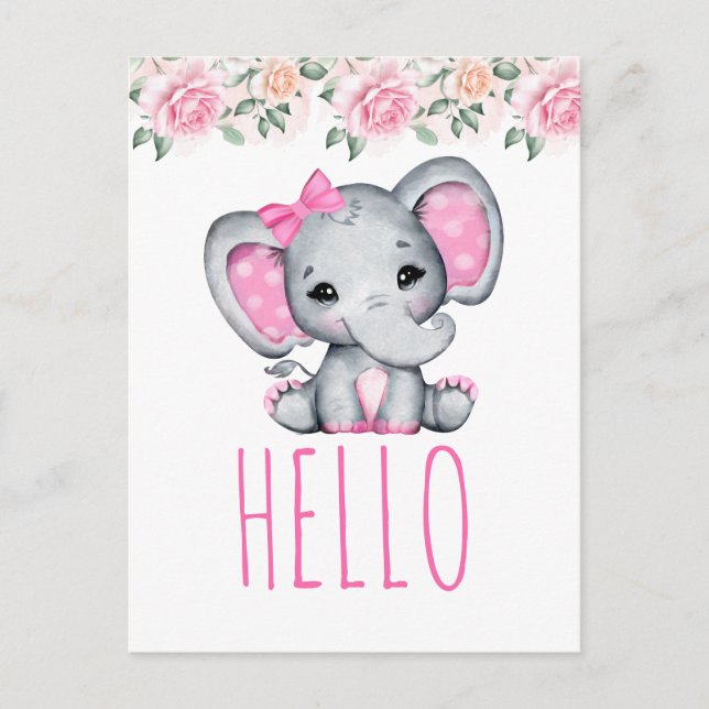 Carte Postale Bébé rose Eléphant et Rose frontière Bonjour (Devant)
