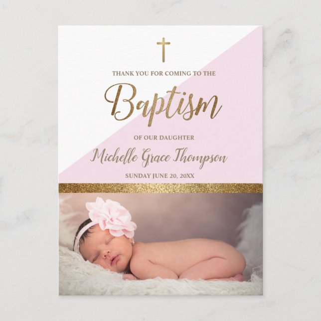 Carte Postale Bébé rose fille Photo Baptême Merci (Devant)