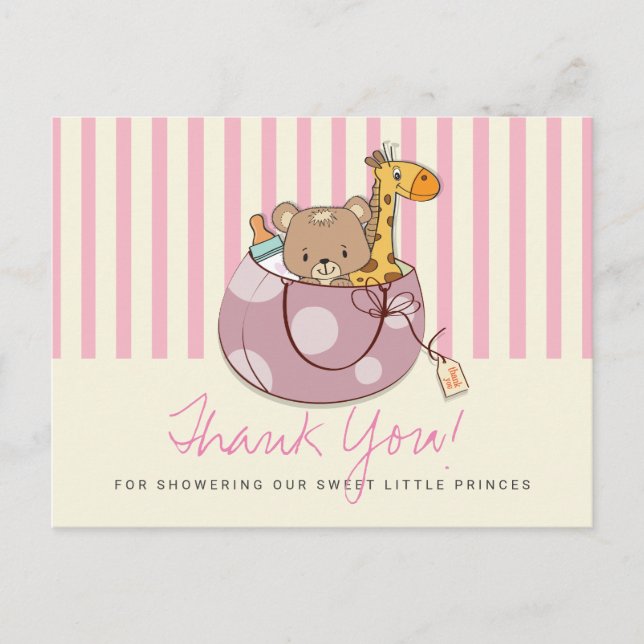 Carte Postale Bébé rose pâle Animaux Baby shower Merci (Devant)