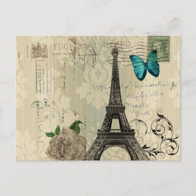 Carte Postale beige Damas papillon rose Paris Tour Eiffel (Devant)