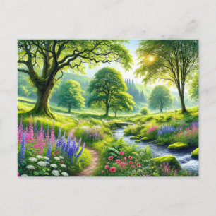 Carte Postale Bel paysage d'été avec rivière et fleurs