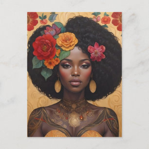 Carte Postale Belle Africaine Américaine Avec Fleurs