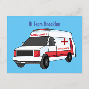 Carte Postale Belle ambulance rouge caricature van