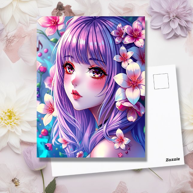 Carte Postale Belle Anime Girl avec cheveux pourpres (Créateur téléchargé)