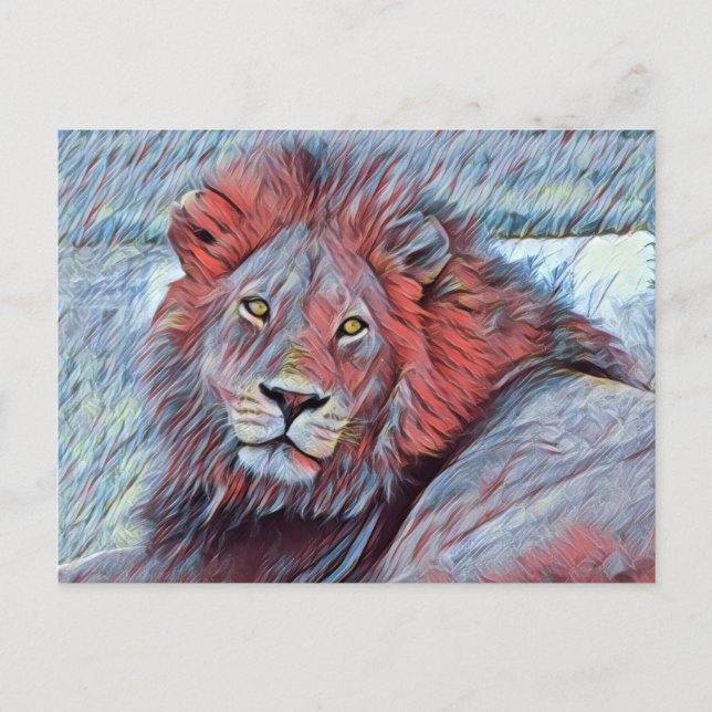 Carte Postale Belle Aquarelle de Lion Majestic en bleu et rouge (Devant)