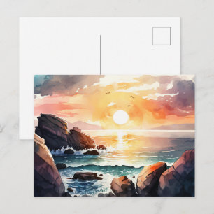 Carte Postale Belle aquarelle Océan Coucher de soleil paysage