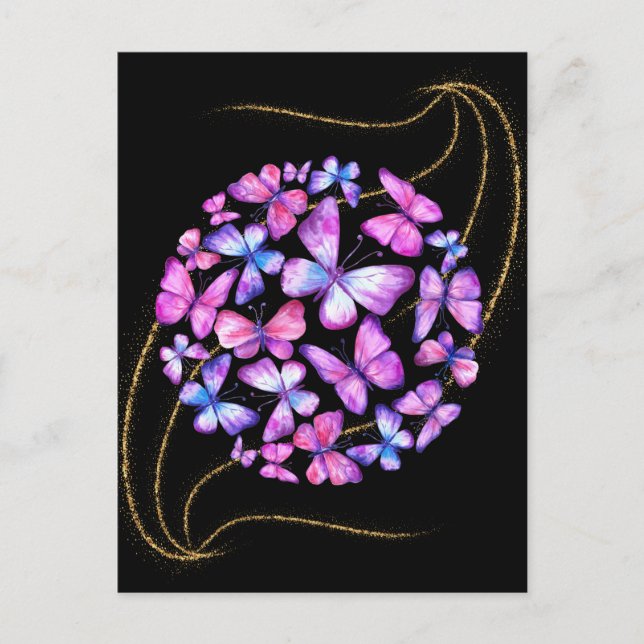 Carte Postale Belle Aquarelle Papillons avec Boule d'Or (Devant)