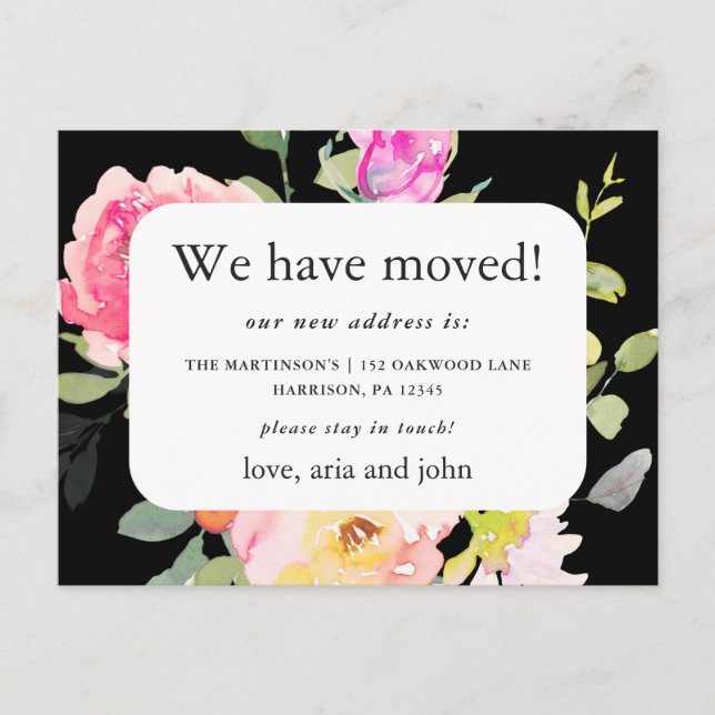 Carte Postale Belle Black Floral Nouvelle Adresse Déménagement (Devant)
