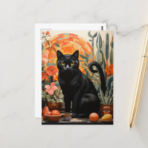 Carte Postale Belle Chat Noir dans les plantes domestiques La vi