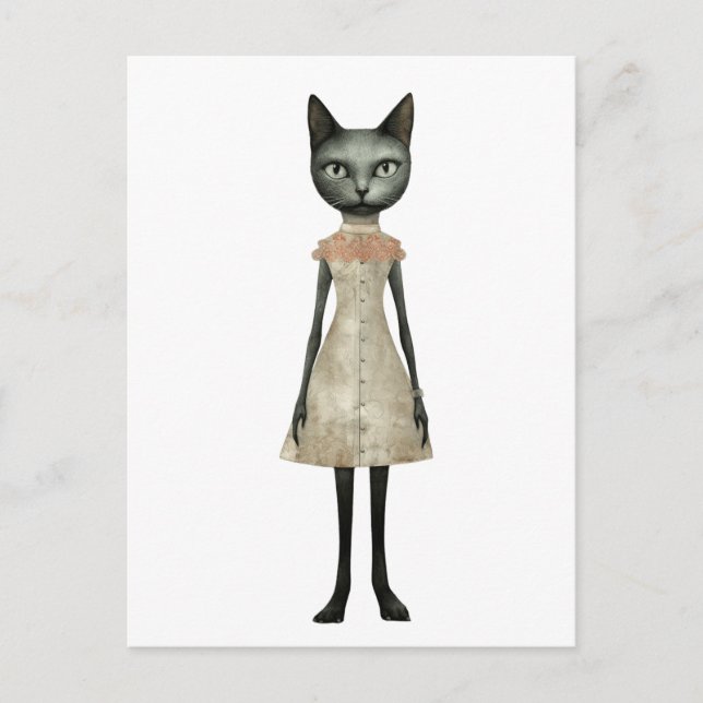 Carte Postale Belle chatte gris Whimisical en Robe Rose (Devant)