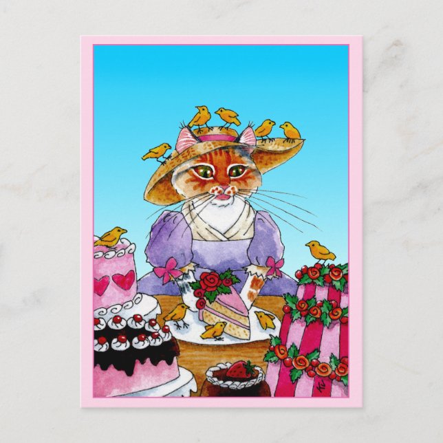 Carte Postale Belle chatte, oiseau, gâteau d'anniversaire (Devant)