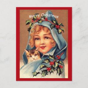 Carte Postale Belle copie de Noël Vintage Petite fille et chat