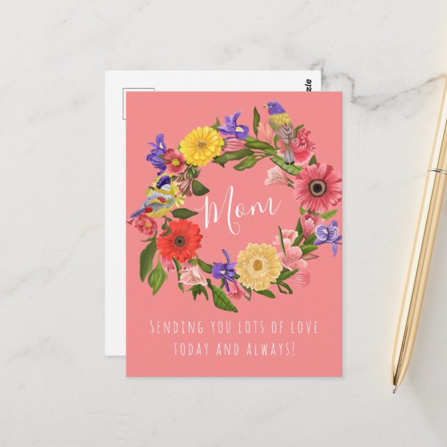 Carte Postale Belle couronne florale brillante Bonne fête des mè (Devant/Arrière en situation)