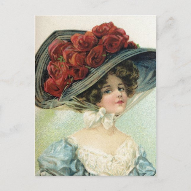 Carte Postale Belle dame vintage peinte, rose de soie casquette (Devant)