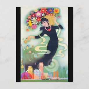 Carte Postale Belle Déco Asiatique Femme avec Fleurs & Fleurs