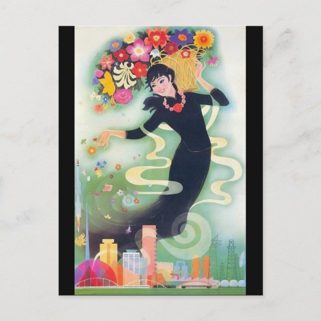 Carte Postale Belle Déco Asiatique Femme avec Fleurs & Fleurs (Devant)