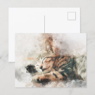 Carte Postale Belle et mignonne chaton couchage aquarelle